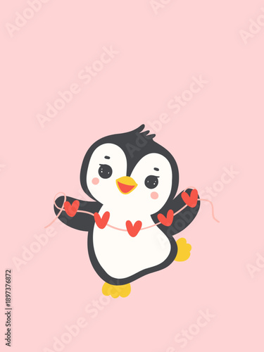 Cute penguin holding heart garland on pink background for Valentine's Day