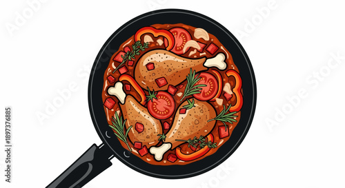 Overhead view of chicken drumsticks simmering in a tomato stew with vegetables and herbs in a black skillet