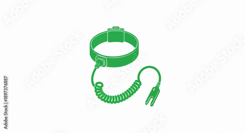 Green illustration of an anti-static wrist strap with a coiled cord and clip on a white background