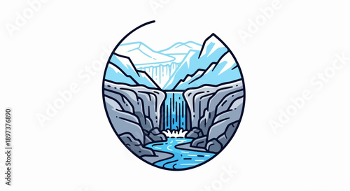 Minimalist circular illustration of a blue waterfall cascading between rocky cliffs with icy mountains