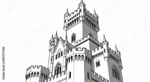 Detailed grayscale vector illustration of a majestic, intricate castle with numerous spires and crenelated walls