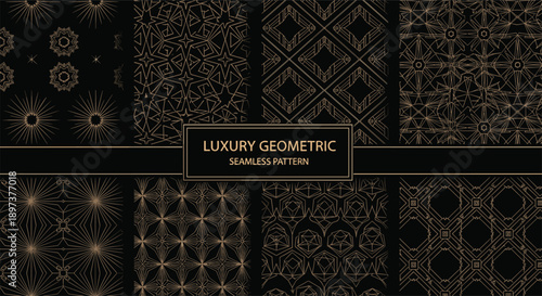 Luxury gold geometric seamless patterns collection, elegant art deco line textures, premium abstract backgrounds for branding packaging wallpaper and textiles
