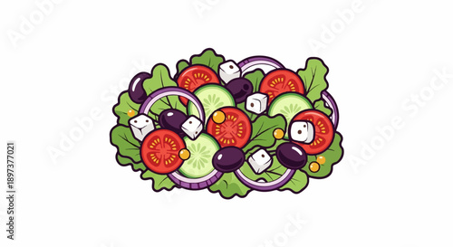 Vibrant cartoon illustration of a fresh salad featuring lettuce, tomatoes, cucumbers, olives, onions, and feta
