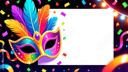 A bright Carnival greeting card with a sparkling feathered mask, flying confetti, and colorful streamers, capturing the festive joy and lively celebration in a vibrant, elegant design.