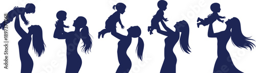 Five dark blue silhouettes of mothers lifting babies