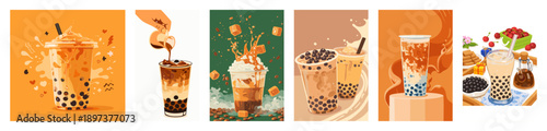 Refreshing gourmet beverage collection featuring bubble tea drinks prepared with delicious fruit chunks and fresh milk.