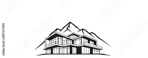 Stylized modern residential building with large windows and multiple levels, set against abstract mountains