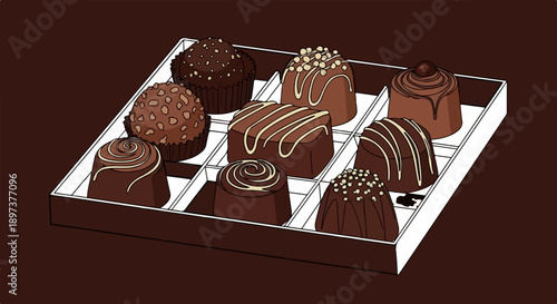 An illustration of a box of nine assorted chocolate candies with various toppings, on a dark brown background