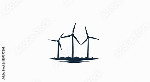 Stylized illustration of three dark wind turbines rising from abstract waves on a white background