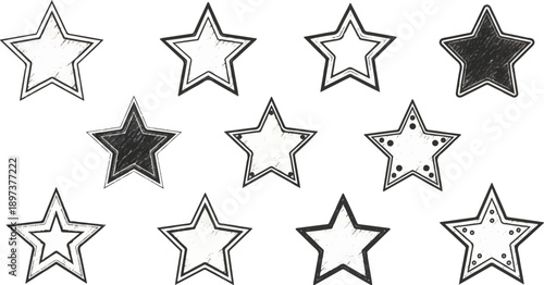 Ten hand-drawn style stars with distressed textures, featuring outlines, fills, and dotted patterns in various designs