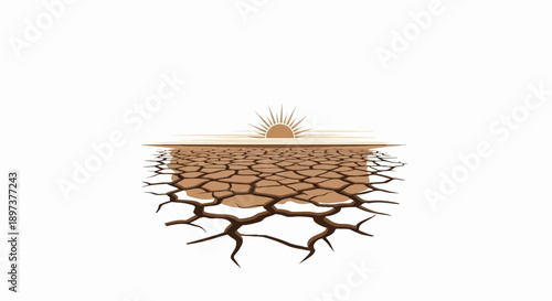 Stylized illustration of parched, cracked earth under a warm, radiating sun, signifying drought