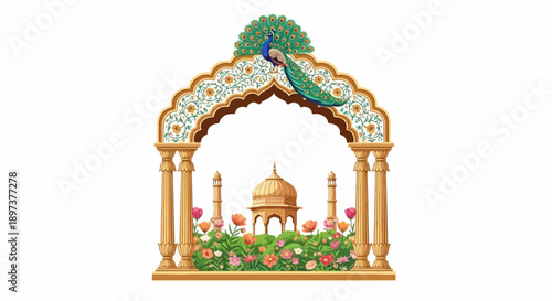 Ornate Indian-style arch with a peacock, framing a golden domed structure surrounded by vibrant flowers