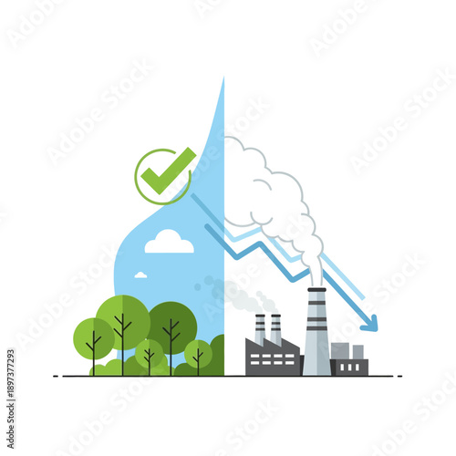 Environmental contrast between nature and industry with pollution reduction concept.