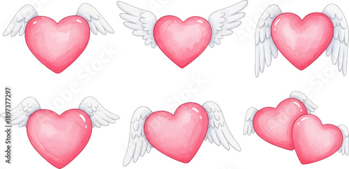 Six watercolor-style pink hearts with white wings, some single, some paired, on a white background