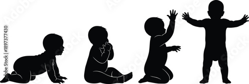 Baby growth stages silhouette vector illustration, crawling sitting standing child development sequence, black flat design isolated on white