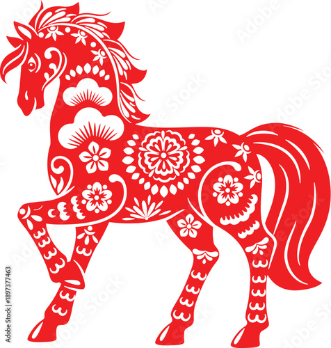 Papercut red Chinese Lunar New Year horse. Vector silhouette combines traditional Chinese motifs with lucky symbols, for Lunar New Year cards, festival posters, or oriental pattern designs