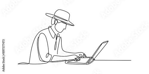 Continuous line art of a person wearing a hat while working on a laptop computer isolated on white background, Vector, illustration
