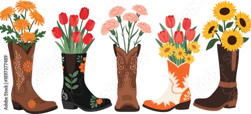 Floral cowboy boots vector illustration set, western footwear filled with flowers, colorful decorative design isolated on white background