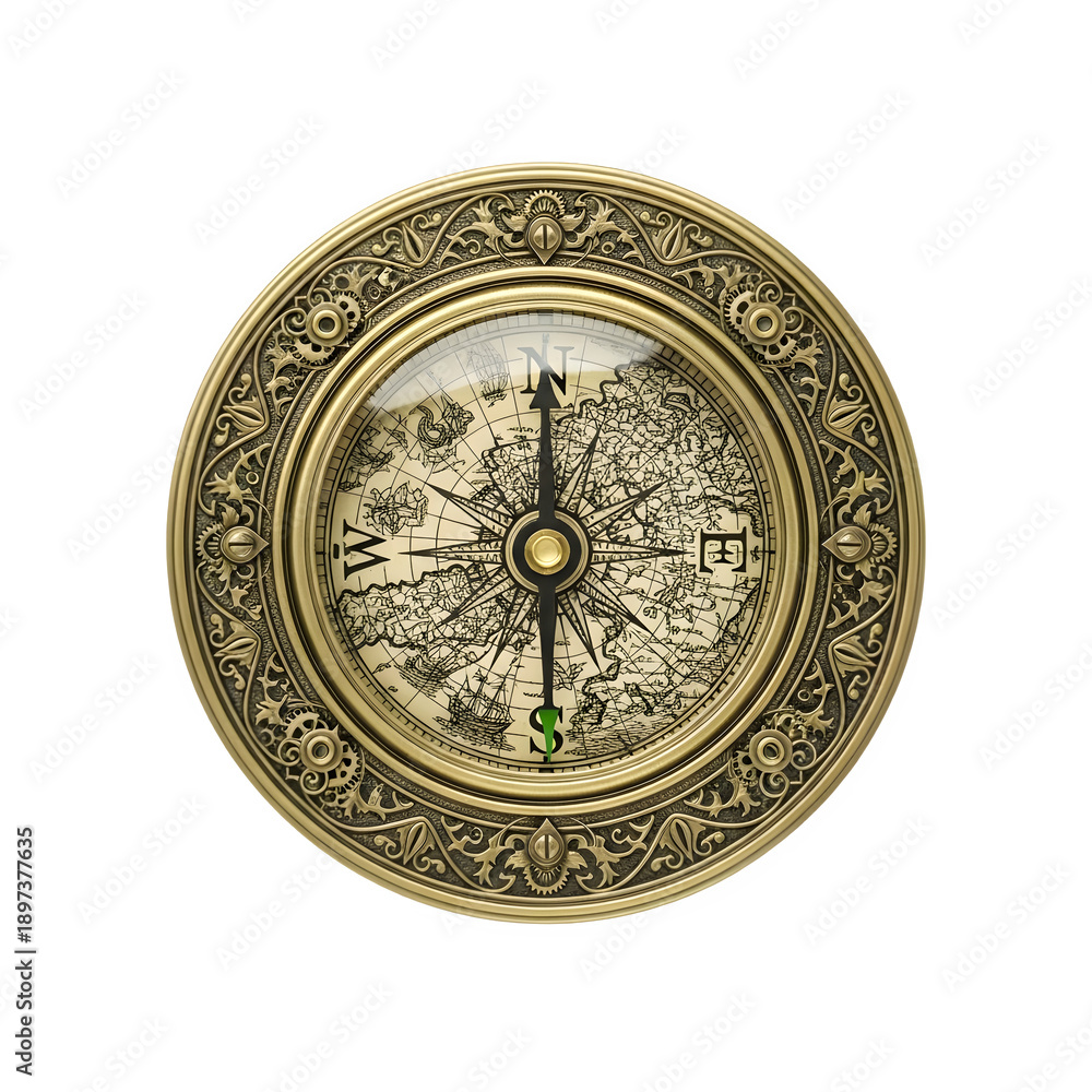 Fototapeta premium Ornate antique brass compass with detailed engraving, pointing north, isolated on transparent background