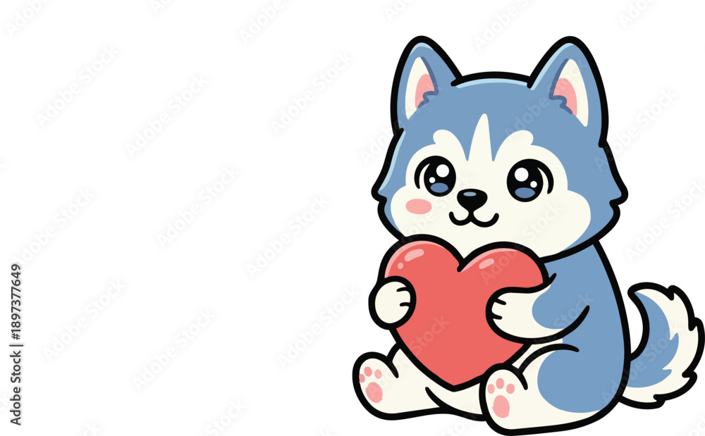Obraz premium An adorable cartoon husky puppy illustration holding a big red heart as a symbol of love and affection. Vector