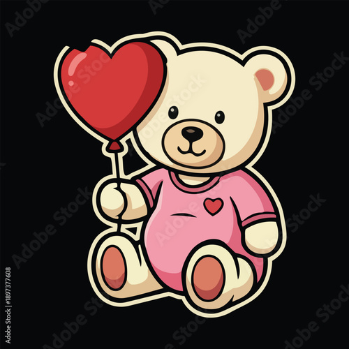 An adorable teddy bear sits and holds a red heart-shaped balloon, perfect for valentines Vector