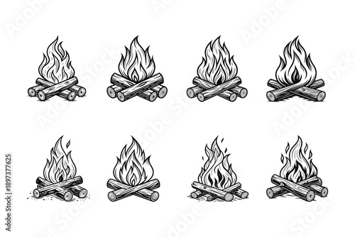 Cozy Campfire Illustration with Burning Wood Logs and Orange Flames Isolated on White Background for Outdoor Camping Design