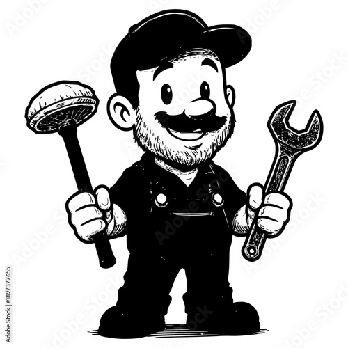 Handyman Ready for Action: A skilled handyman, equipped with a plunger and wrench, ready to tackle any household repair challenges with a confident smile.