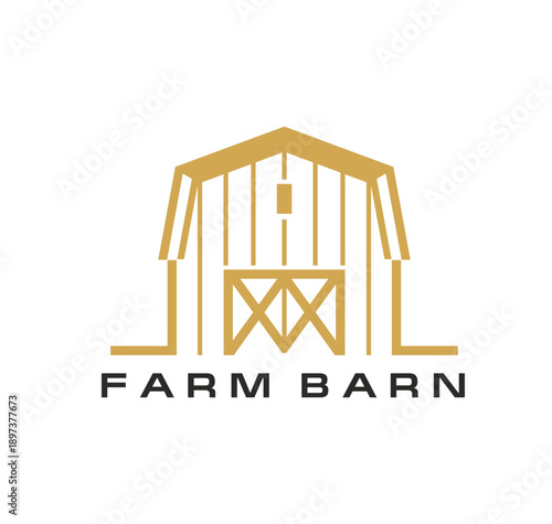 Wooden farm barn icon. Rustic vector emblem featuring a traditional wooden barn, capturing the essence of country life. Yellow house with black text for farm brands, ranch business, farmers market