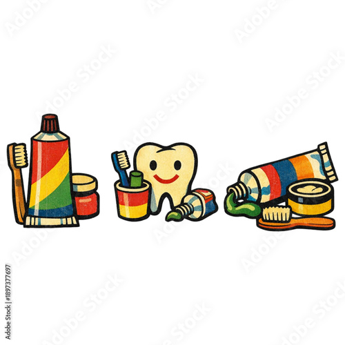 Dental Care Essentials: A charming illustration showcasing an array of dental hygiene products including toothbrushes, toothpaste, and a radiant, happy tooth.