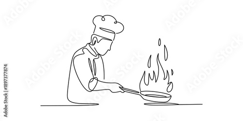 One continuous line art drawing of a chef performing flambé with a frying pan isolated on white background, Vector, illustration