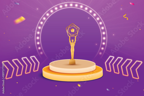 Award Ceremony Purple Color Background With Golden Trophy on Podium. Premium Celebration Theme Concept Vector Illustration For Grand Music Concert, Movie, Party, Festival Celebration Etc.
