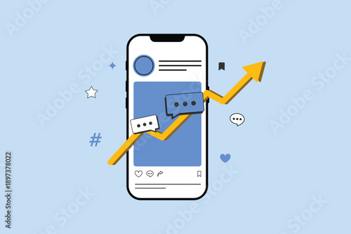 Social media post with rising chart user interface, online engagement, and marketing strategy concept, flat ilustration