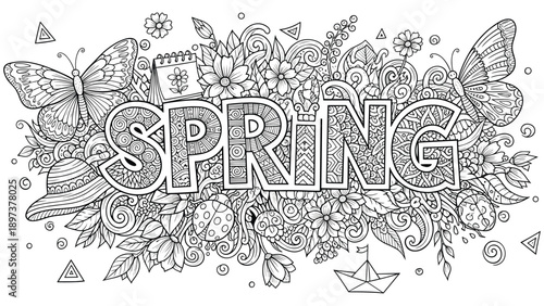 Spring Season Doodle Art with Butterflies, Flowers, and Nature Elements