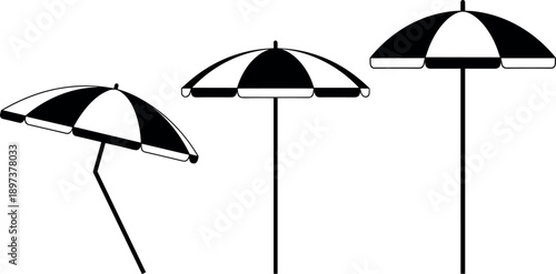 Black and white beach umbrella set with different angles and tilted positions flat vector icons isolated on a white background