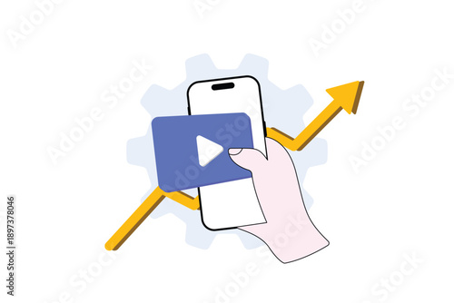 Video marketing growth concept, hand holding smartphone and video player interface. Rising arrow graph for social media business strategy.