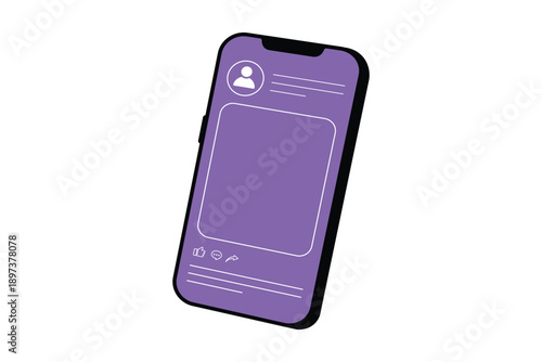 Perspective view of smartphone mockup with social media feed interface layout and icons isolated on a transparent background.