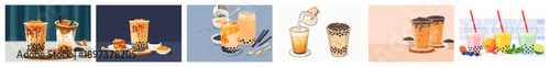Comprehensive beverage set bringing together popular bubble tea varieties prepared with fresh milk and fruit extracts.