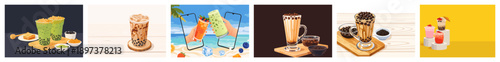 Special set consisting of iced and fruity modern boba tea mixtures providing freshness on hot days.