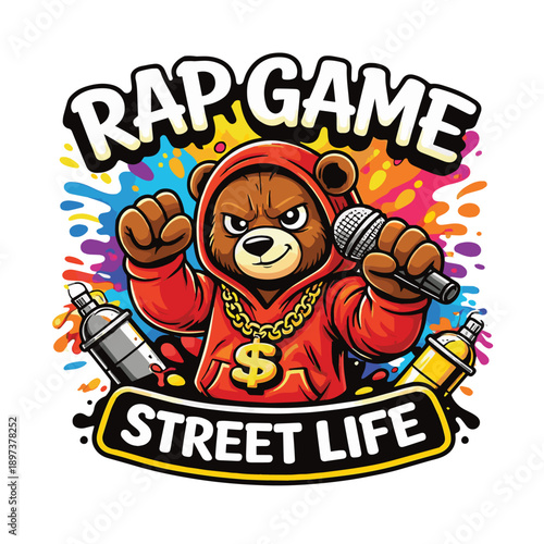 Street Rap Bear Mascot Logo with Microphone and Graffiti Splash – Suitable for Hip Hop Brand, Clothing Logo, Music Community