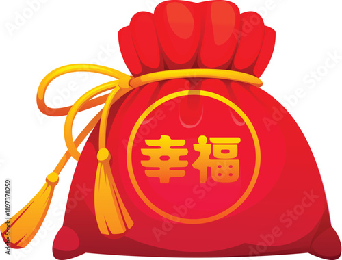 Red Asian fortune pouch and silk purse, Chinese lucky money bag with golden coins. Happy wallet tied with a golden rope with tassels. Cartoon vector icon for prosperity and New Year wealth
