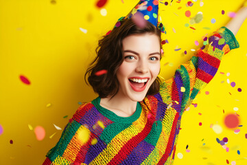 Young woman celebrates birthday with party hat and tie dye top against yellow background with confetti 