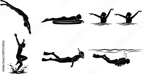 Set of swimmer silhouettes in various poses, diving and snorkeling, female characters swimming and floating on water, summer sports concept, vector illustration,