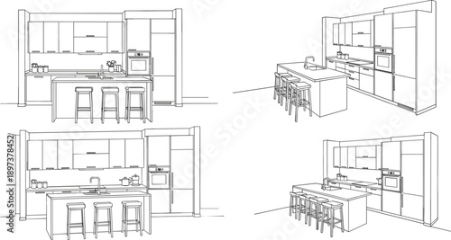 Modern kitchen interior line art vector set featuring minimalist cabinets island with bar stools oven and sink architectural sketch