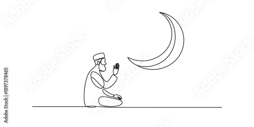 Continuous line drawing of a muslim man performing prayer under a crescent moon isolated on white background, Vector, illustration