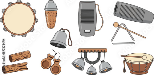 Collection of various musical instruments arranged neatly with drum, bell, and percussion tools displayed prominently in a clean illustration