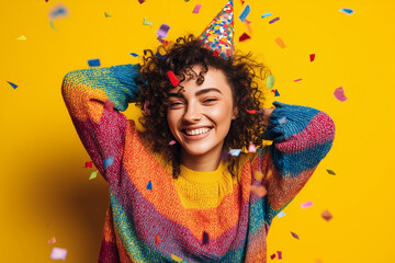 Young woman celebrates birthday with party hat and tie dye top against yellow background with confetti 