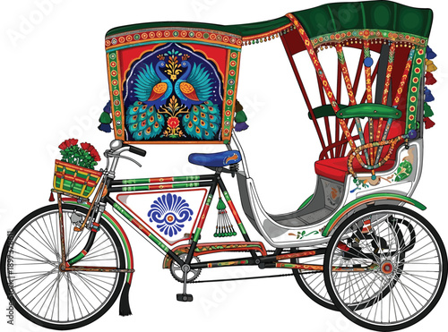 Foto Ornate Bangladeshi cycle rickshaw vector illustration featuring traditional colorful peacock folk art and floral decorations on white background