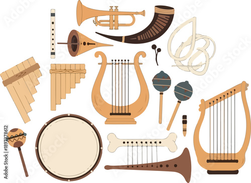 Collection of various musical instruments arranged in a collage on a white background viewed from directly above