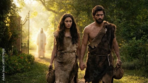 Dramatic biblical scene of Adam and Eve wearing animal skins walking sadly out of Garden of Eden with glowing angel in background depicting expulsion and original sin history concept