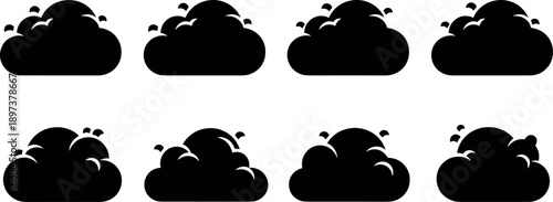 Black silhouette cloud icons set with various fluffy shapes and comic style outlines for weather forecast apps and web design.